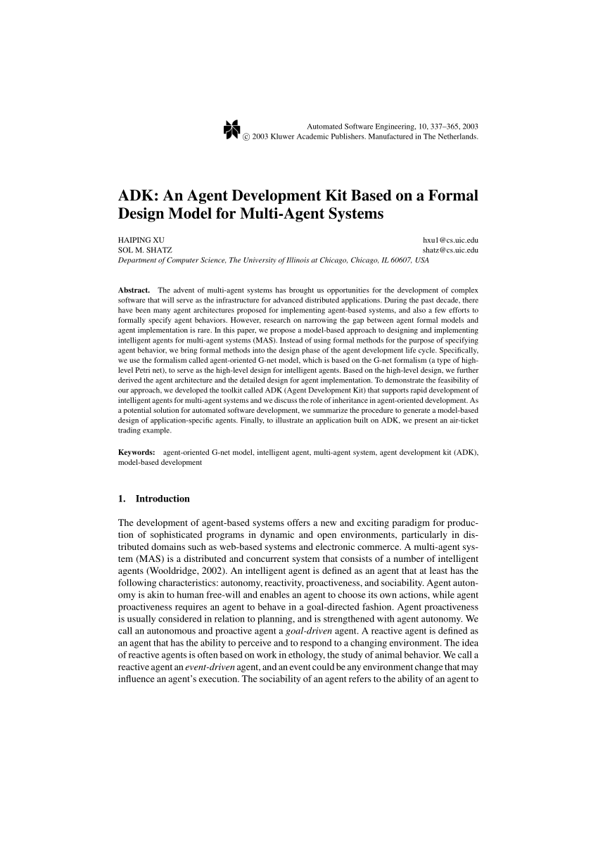 Pdf Adk An Agent Development Kit Based On A Formal Design Model For Multi Agent Systems