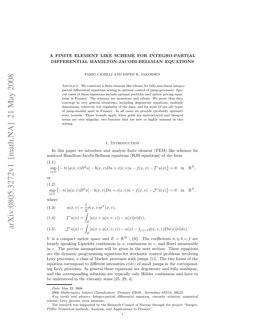 Pdf A Finite Element Like Scheme For Integro Partial Differential Hamilton Jacobi Bellman Equations