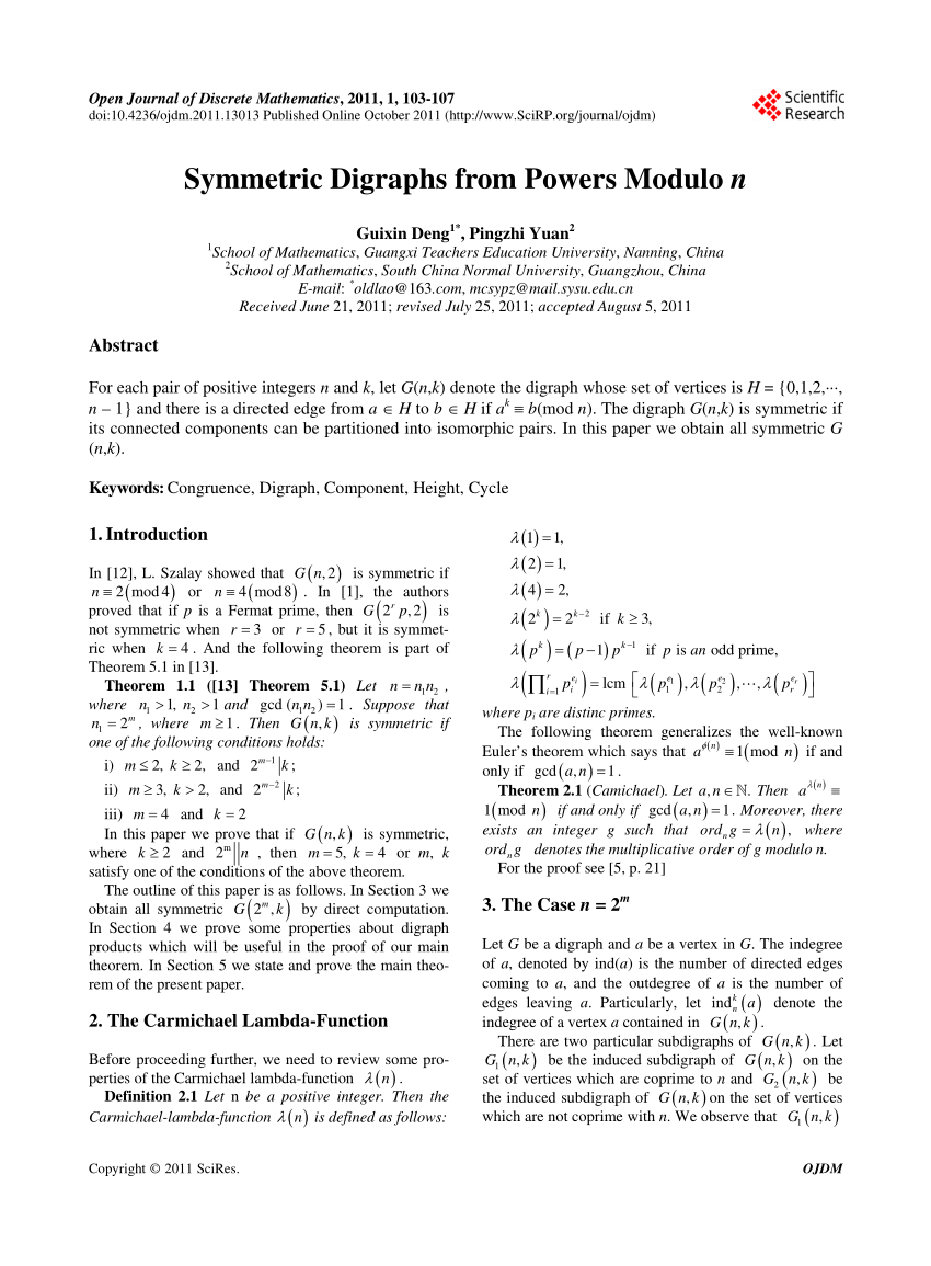 Pdf Symmetric Digraphs From Powers Modulo N