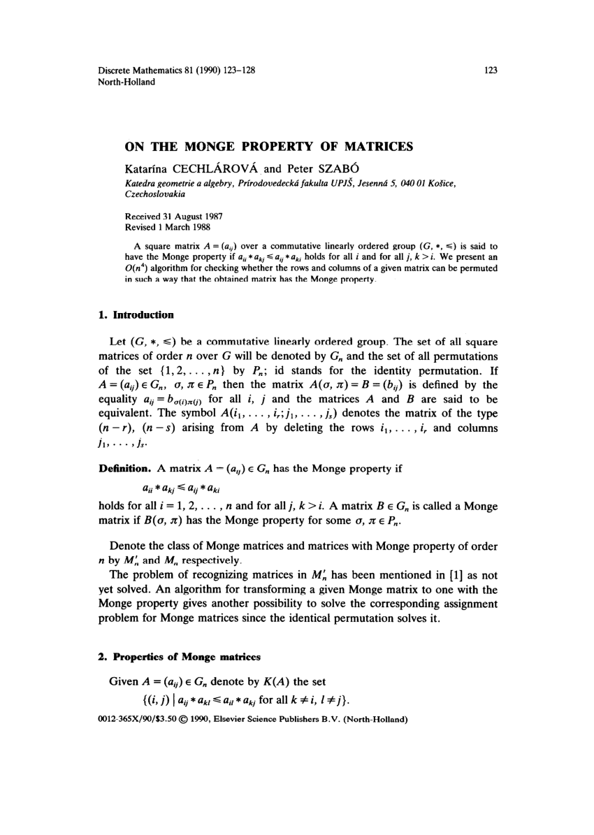 Pdf On The Monge Property Of Matrices
