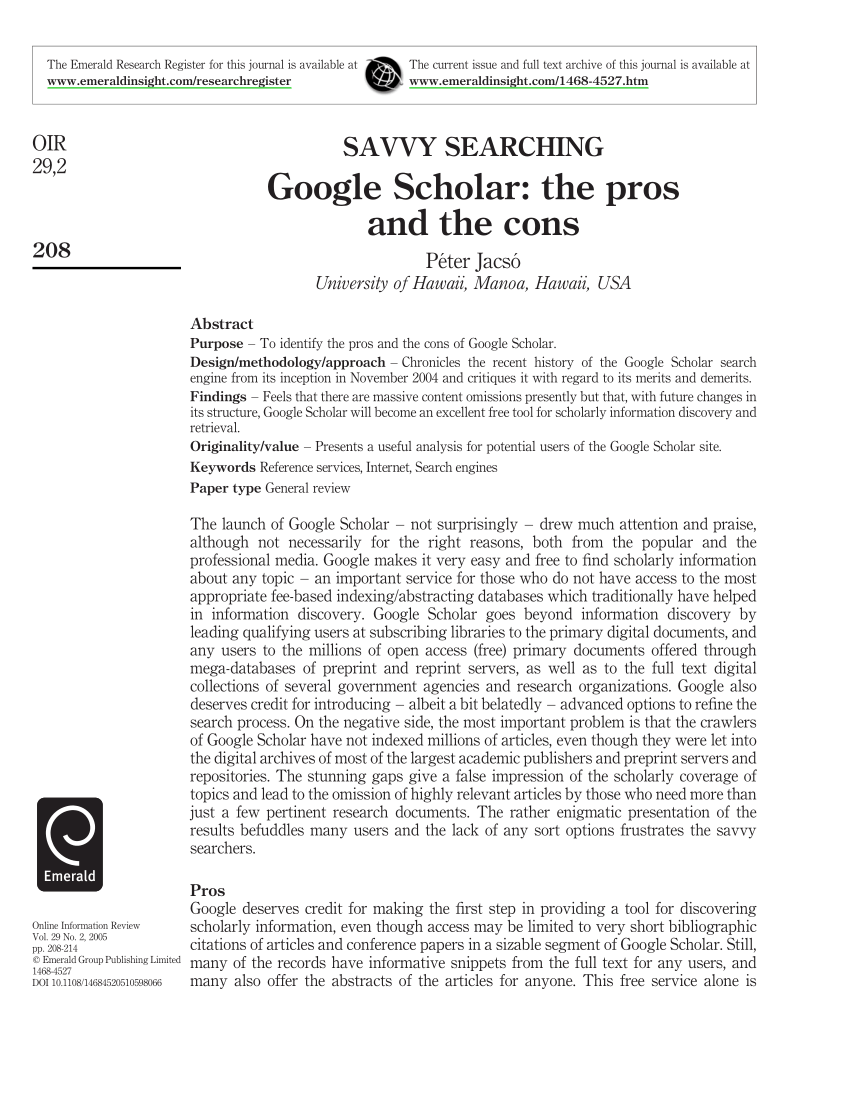 Pdf Google Scholar The Pros And The Cons