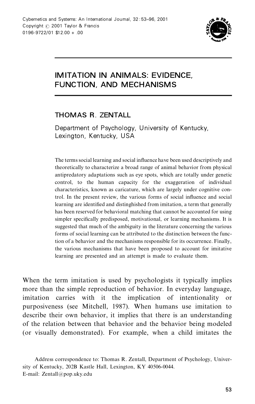 Pdf Imitation In Animals Evidence Function And Mechanisms