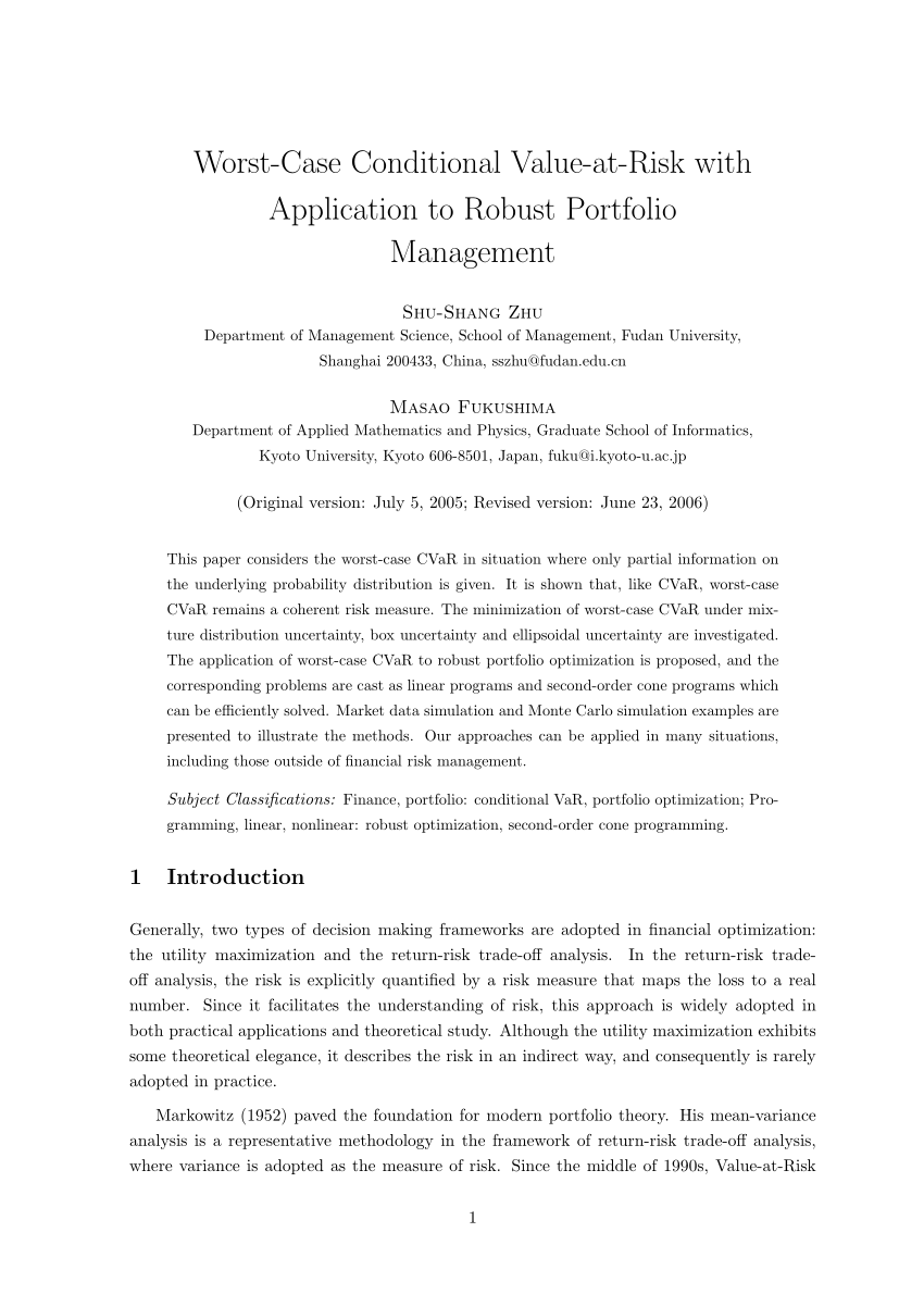 Pdf Worst Case Conditional Value At Risk With Application To Robust Portfolio Management