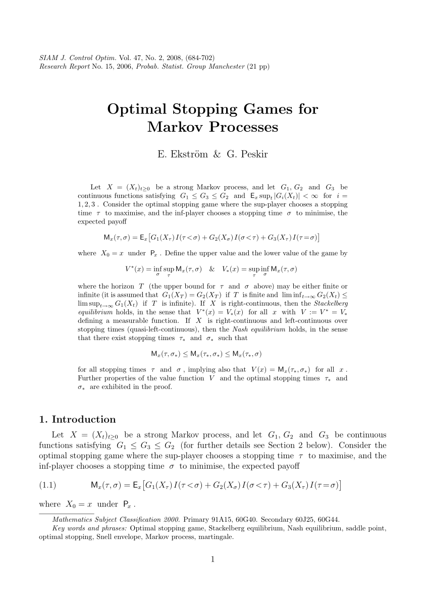 PDF) Optimal Stopping Games for Markov Processes