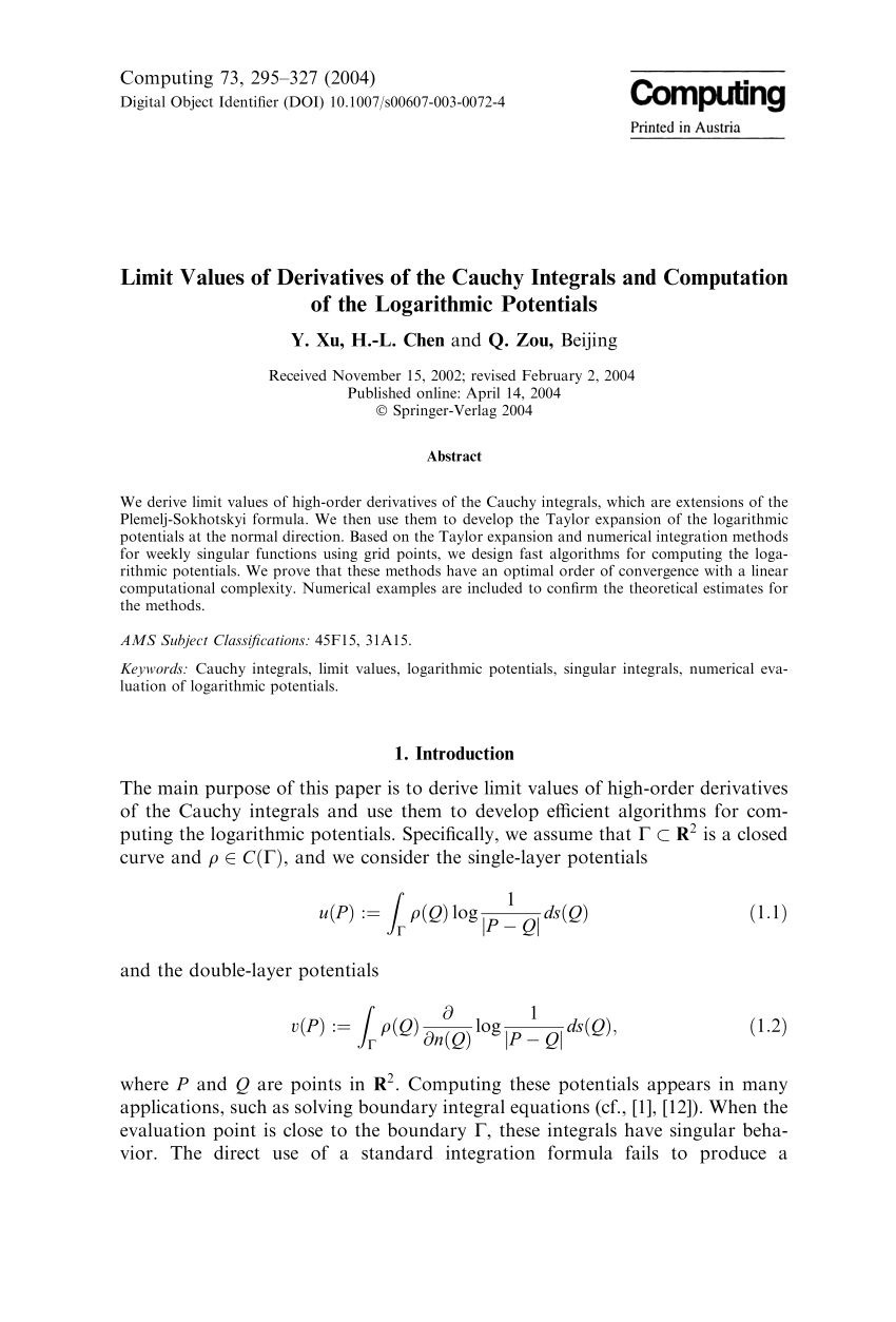 Pdf Limit Values Of Derivatives Of The Cauchy Integrals And Computation Of The Logarithmic Potentials