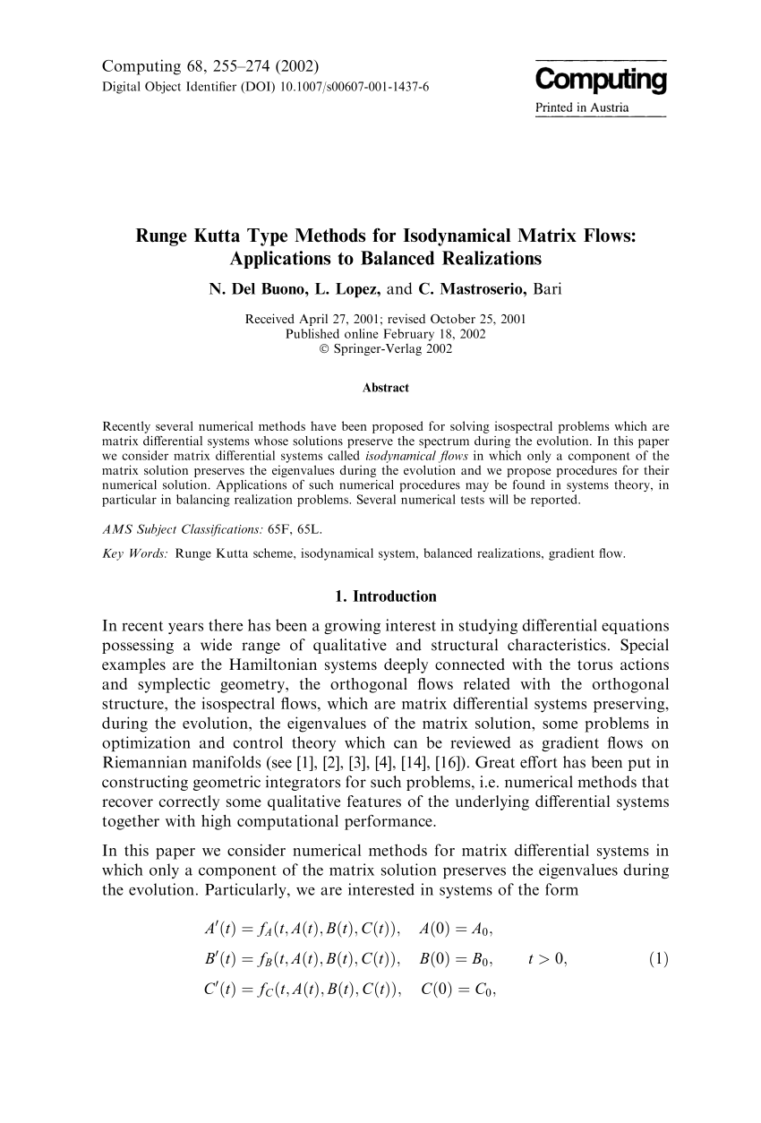 Pdf Runge Kutta Type Methods For Isodynamical Matrix Flows Applications To Balanced Realizations