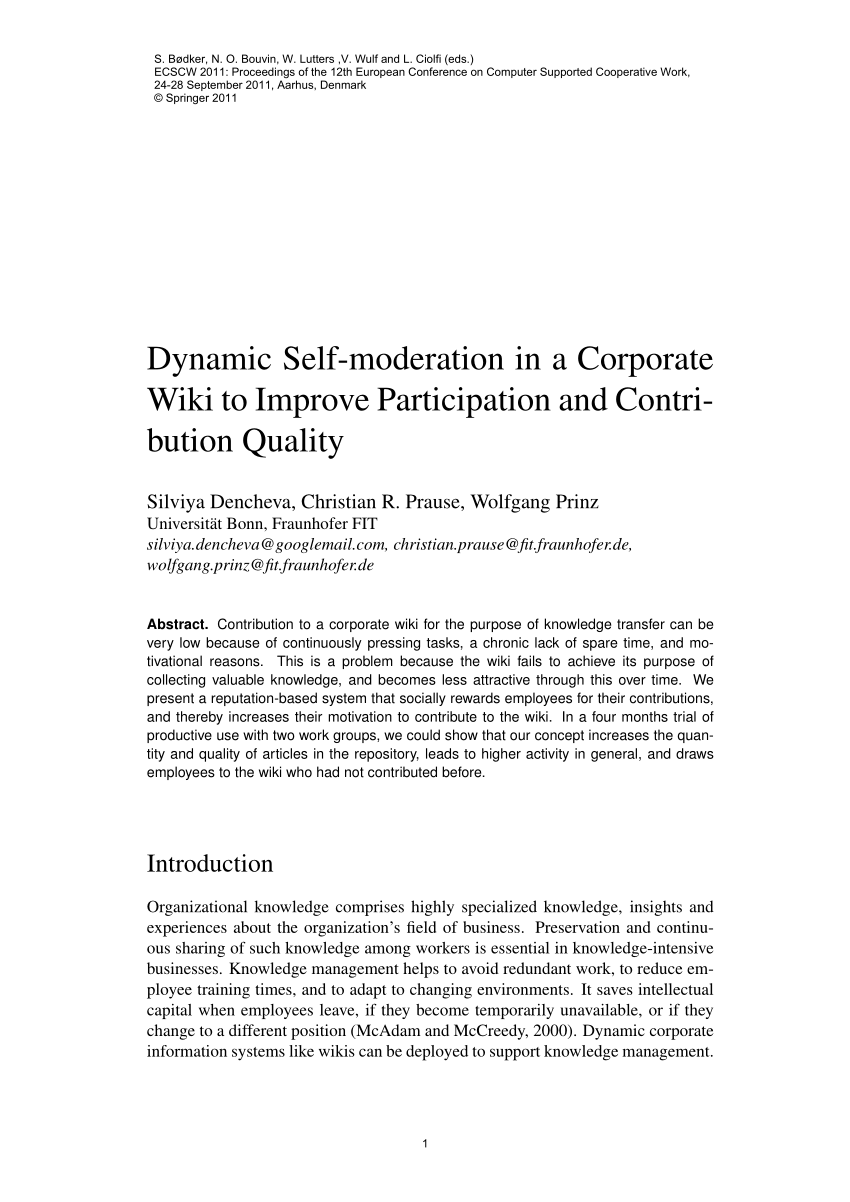 Pdf Dynamic Self Moderation In A Corporate Wiki To Improve Participation And Contribution Quality