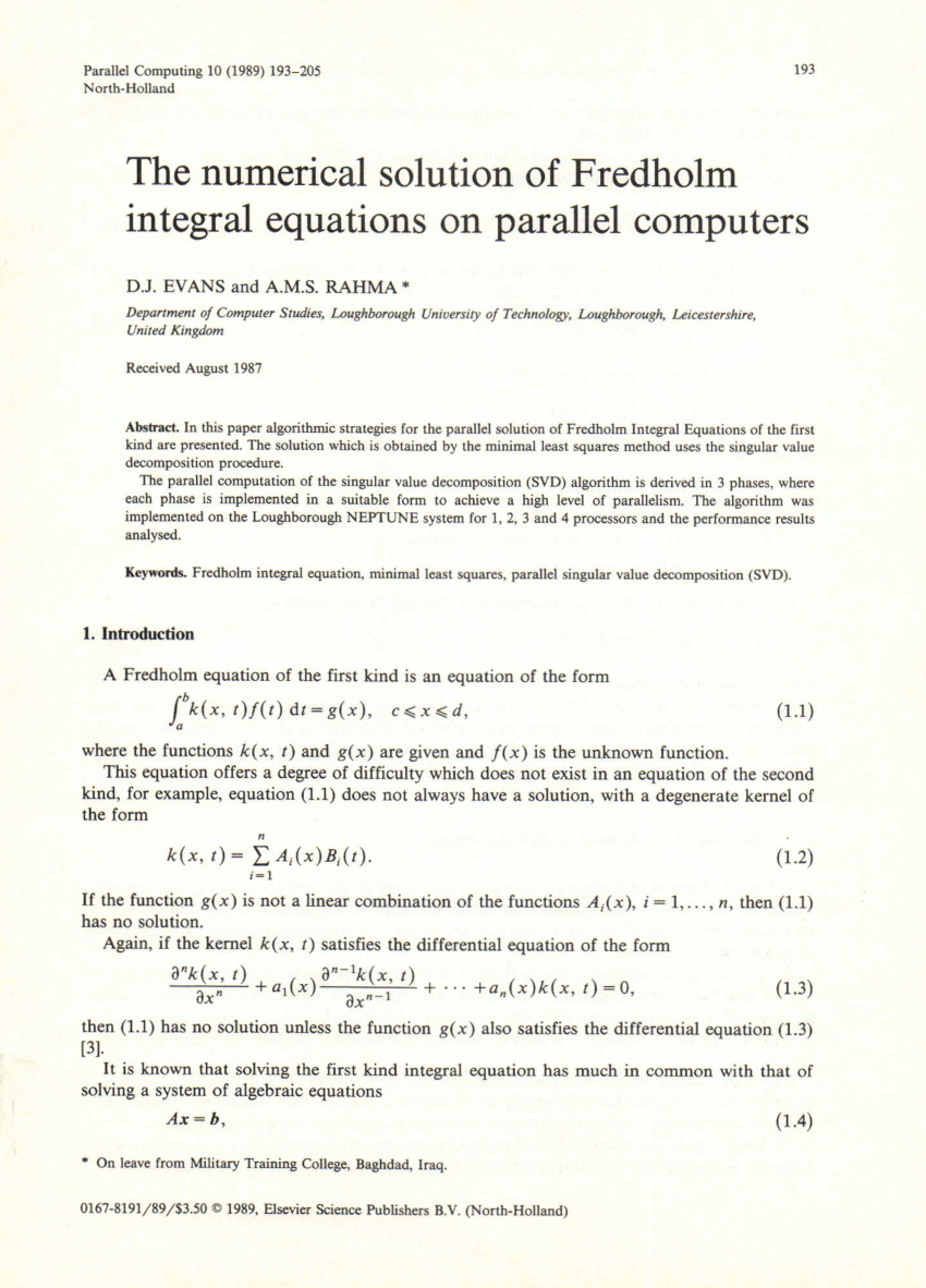 Pdf The Numerical Solution Of Fredholm Integral Equations On Parallel Computers