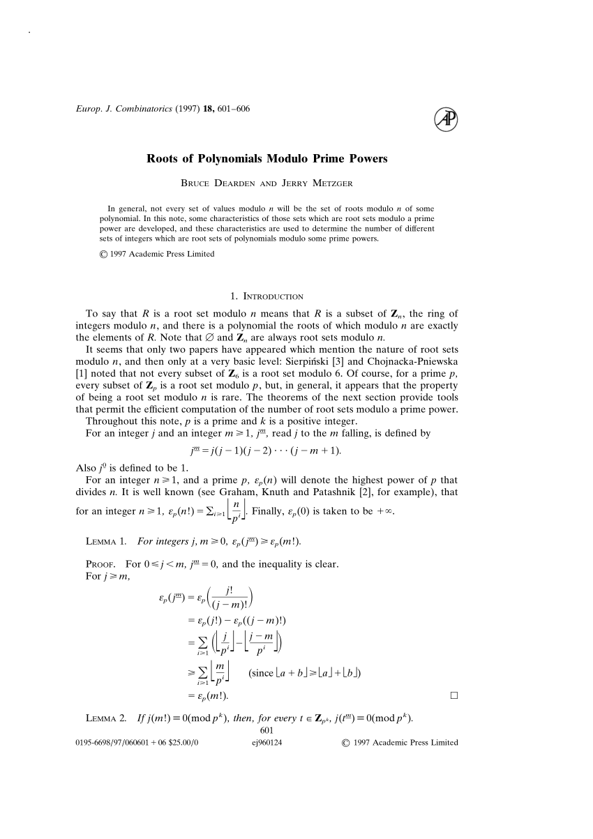 Pdf Roots Of Polynomials Modulo Prime Powers