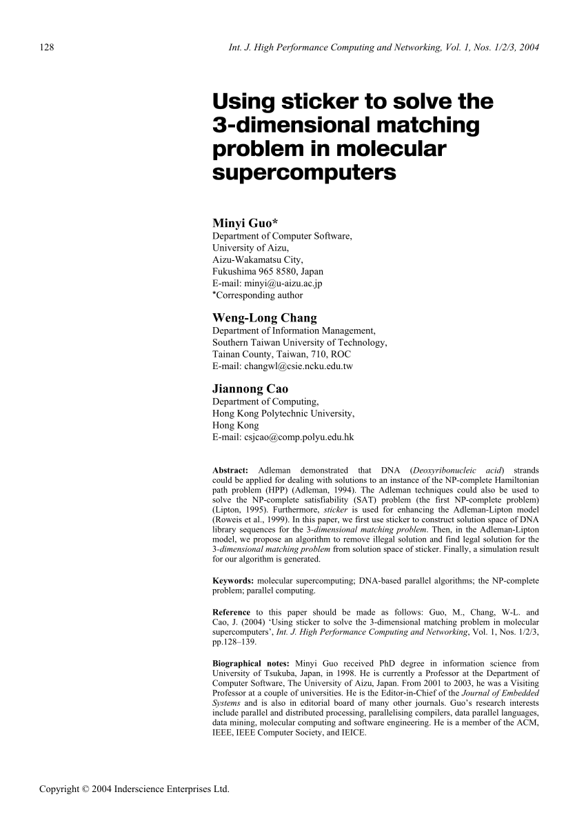 PDF) Using Sticker to solve the 3-dimensional matching problem in molecular  supercomputers