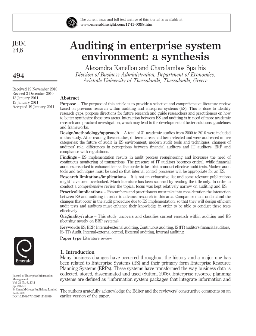 Pdf Auditing In Enterprise System Environment A Synthesis