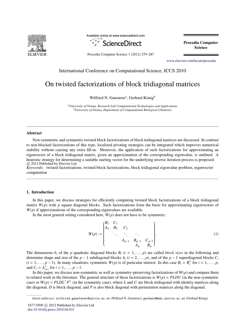 Pdf On Twisted Factorizations Of Block Tridiagonal Matrices 8298