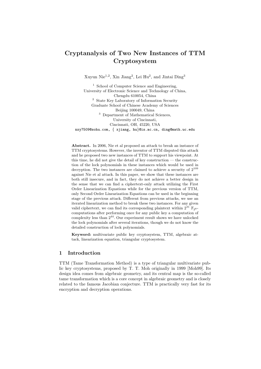 PDF) Cryptanalysis of Two New Instances of TTM Cryptosystem.