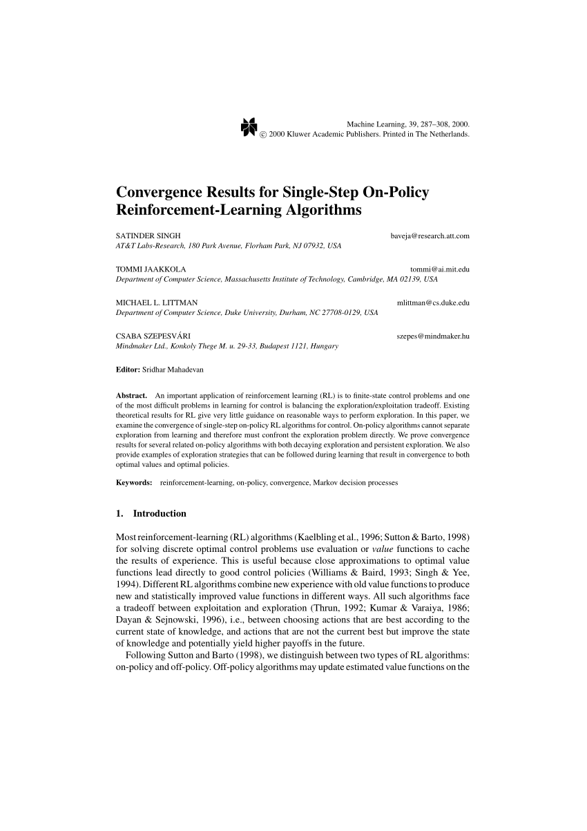 Pdf Convergence Results For Single Step On Policy Reinforcement Learning Algorithms