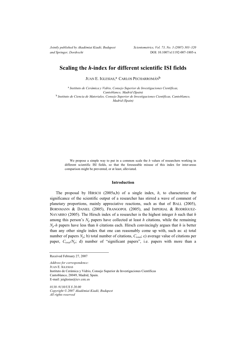 Pdf Scaling The H Index For Different Scientific Isi Fields