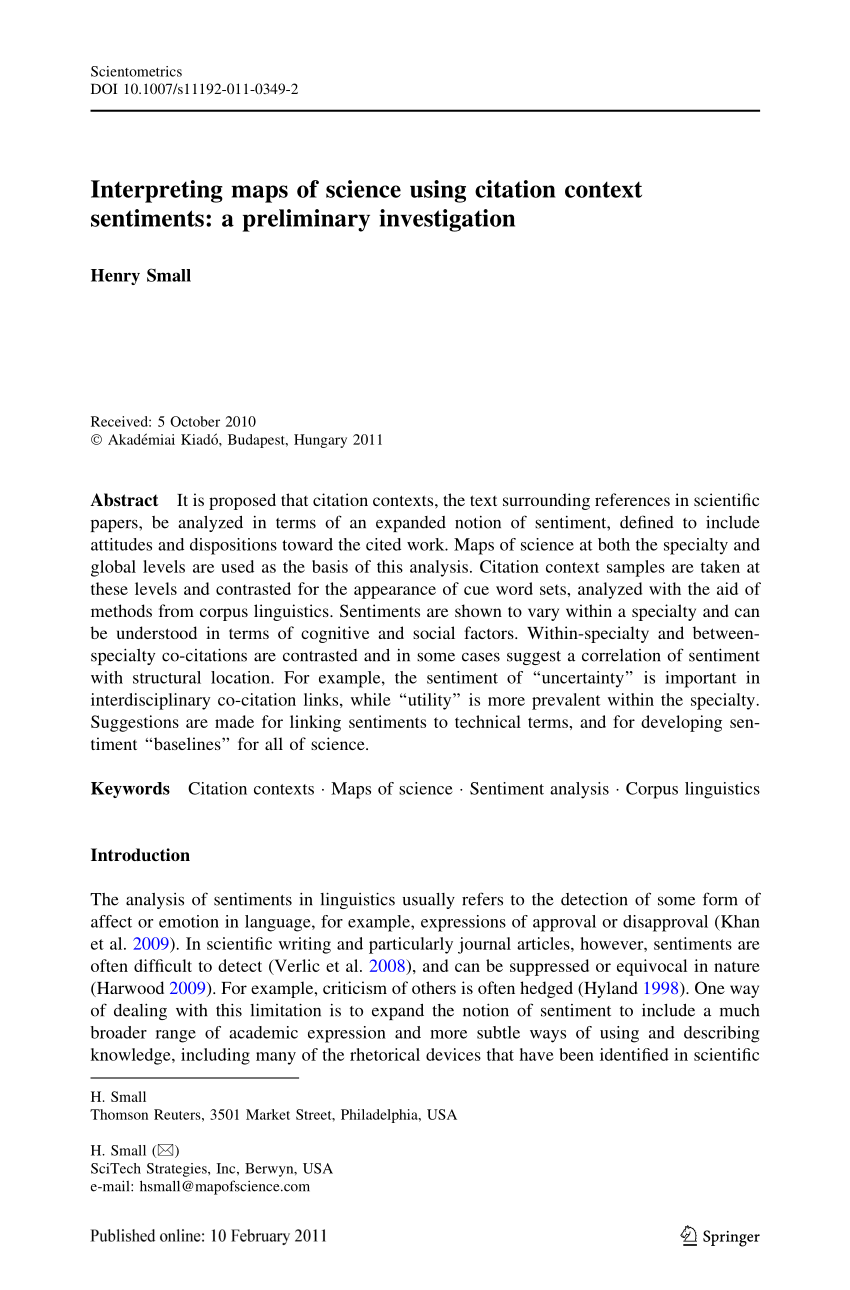 Pdf Interpreting Maps Of Science Using Citation Context Sentiments A Preliminary Investigation