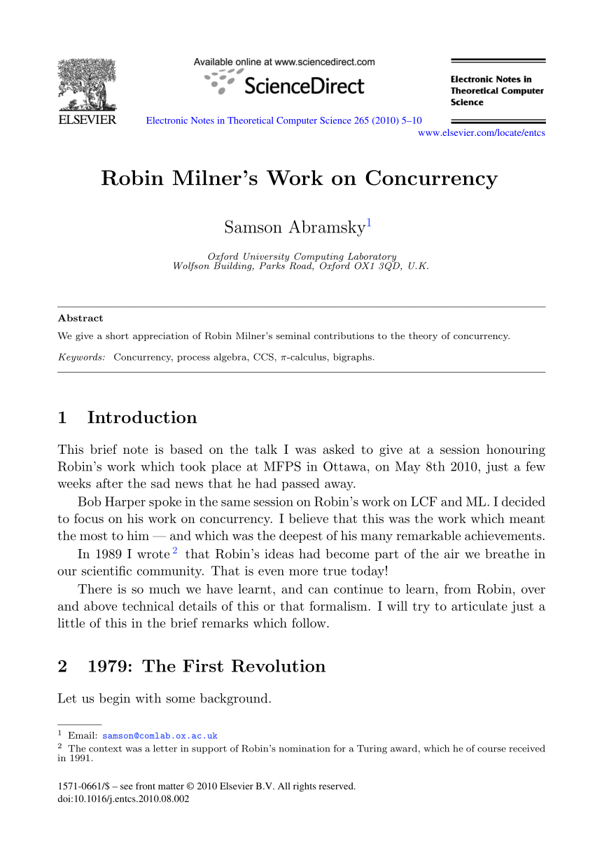 PDF) Robin Milner's Work on Concurrency