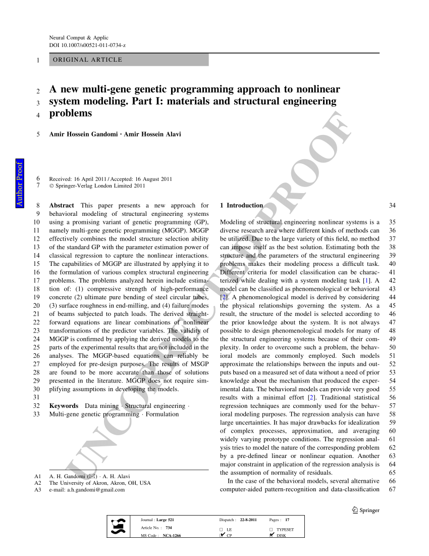 Pdf A New Multi Gene Genetic Programming Approach To Nonlinear System Modeling Part I Materials And Structural Engineering Problems