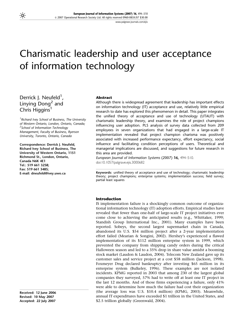 PDF Charismatic leadership and user acceptance of information ...