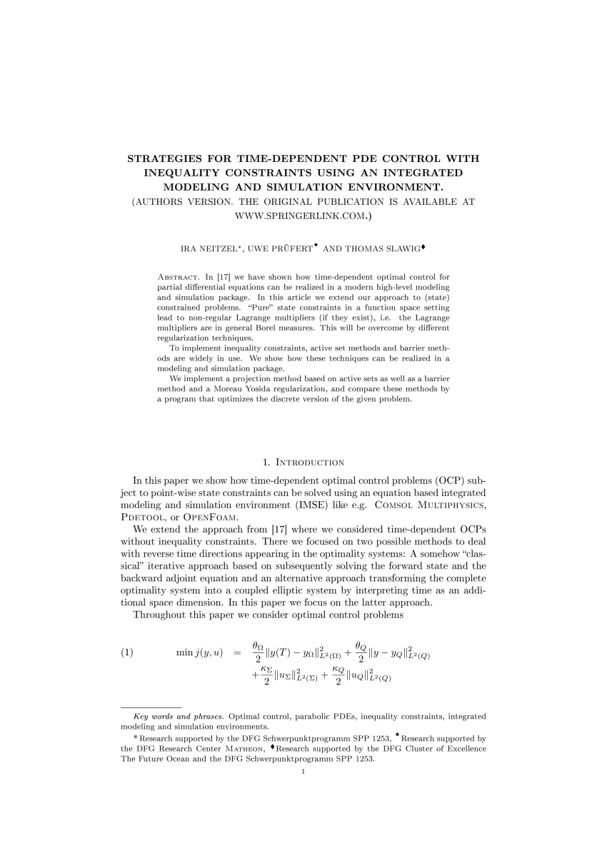 Pdf Strategies For Time Dependent Pde Control With Inequality Constraints Using An Integrated Modeling And Simulation Environment