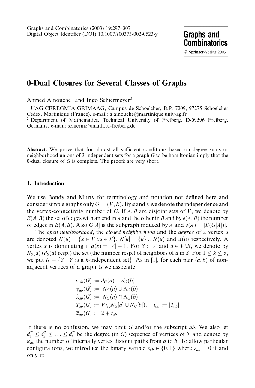 Pdf 0 Dual Closures For Several Classes Of Graphs