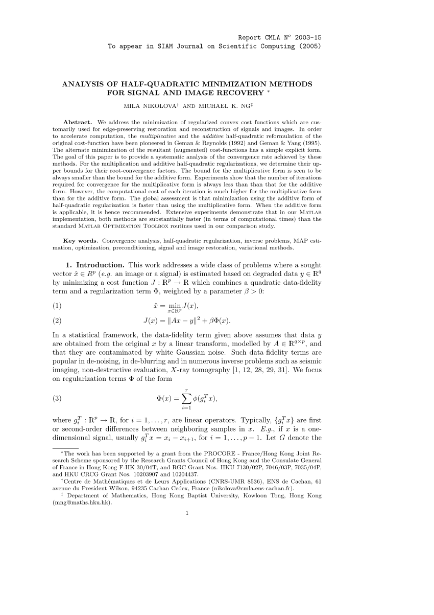 Pdf Analysis Of Half Quadratic Minimization Methods For Signal And Image Recovery