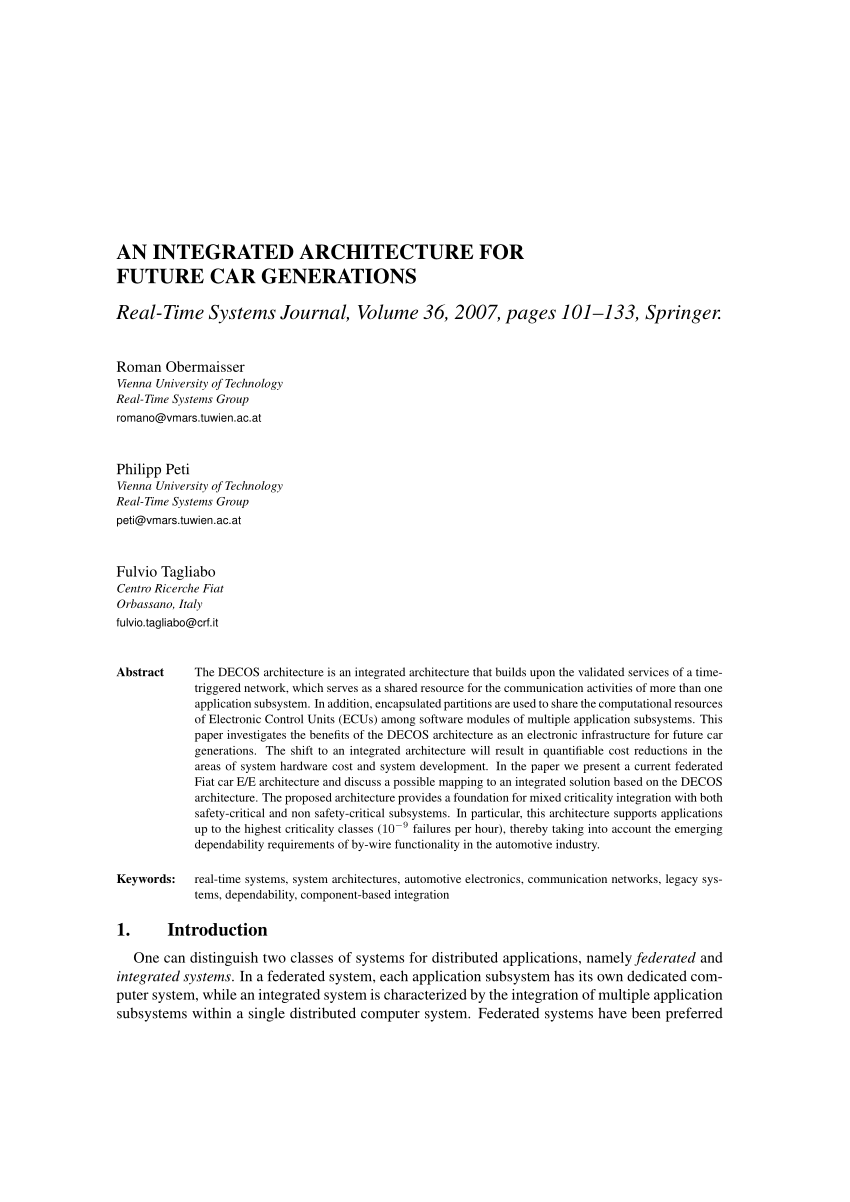 Pdf An Integrated Architecture For Future Car Generations