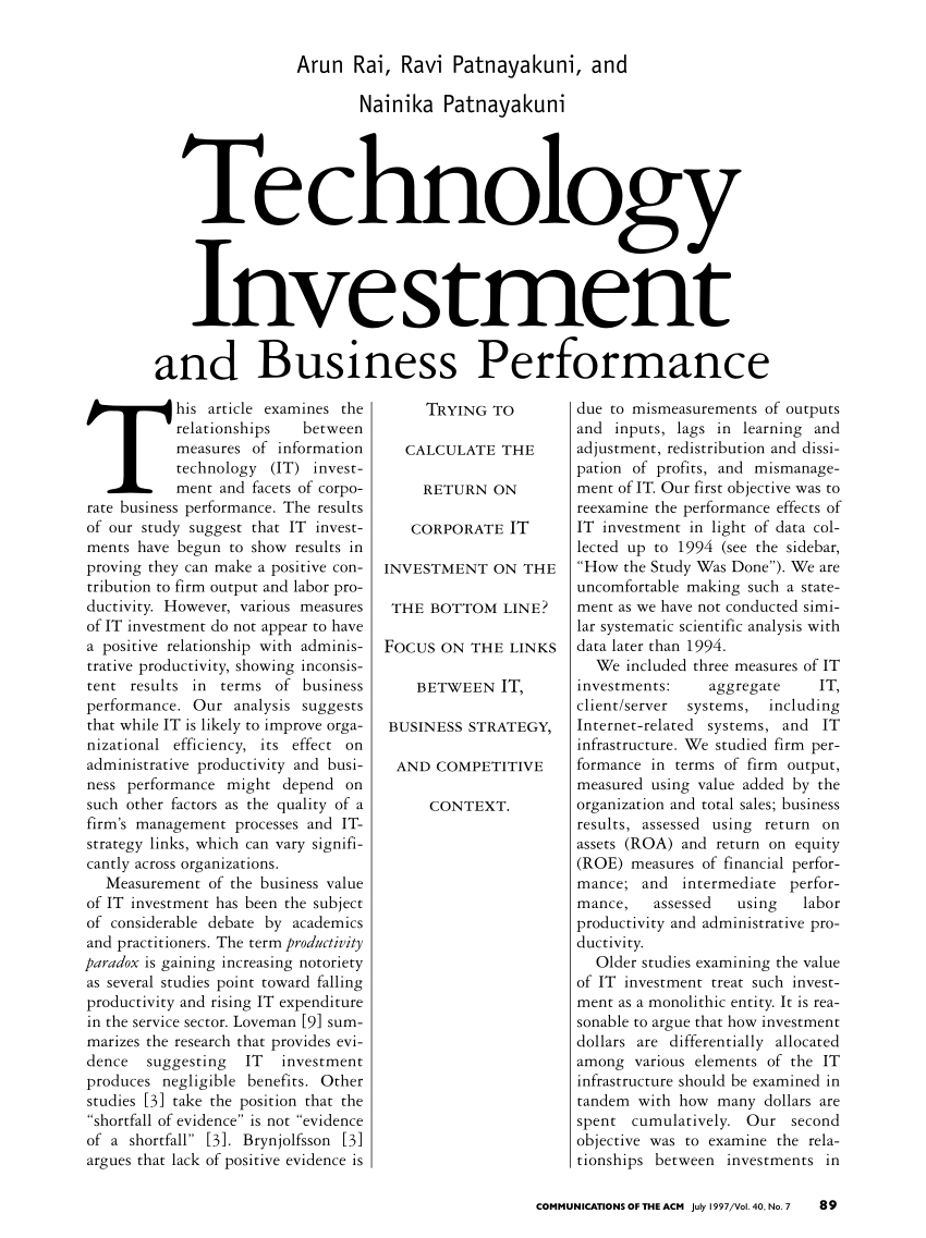 PDF) Technology Investment and Business Performance