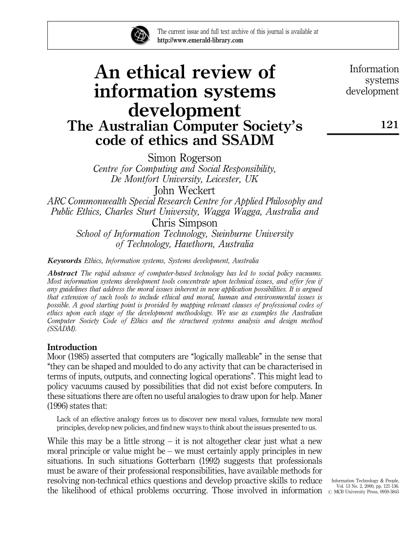 pint Intakt kompakt PDF) An ethical review of information systems development – The Australian  Computer Society's code of ethics and SSADM