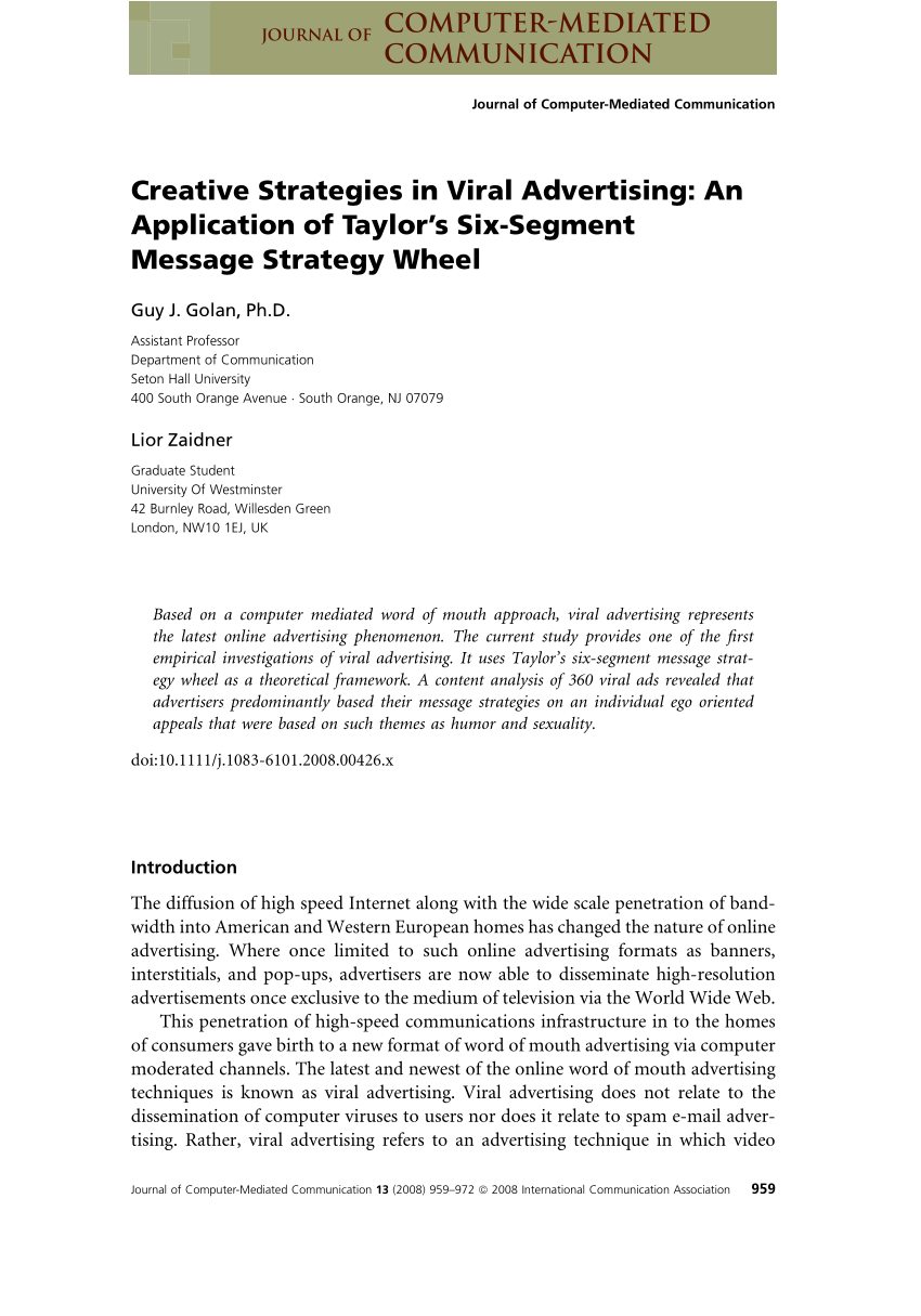 Pdf Creative Strategies In Viral Advertising An Application Of Taylor S Six Segment Message Strategy Wheel