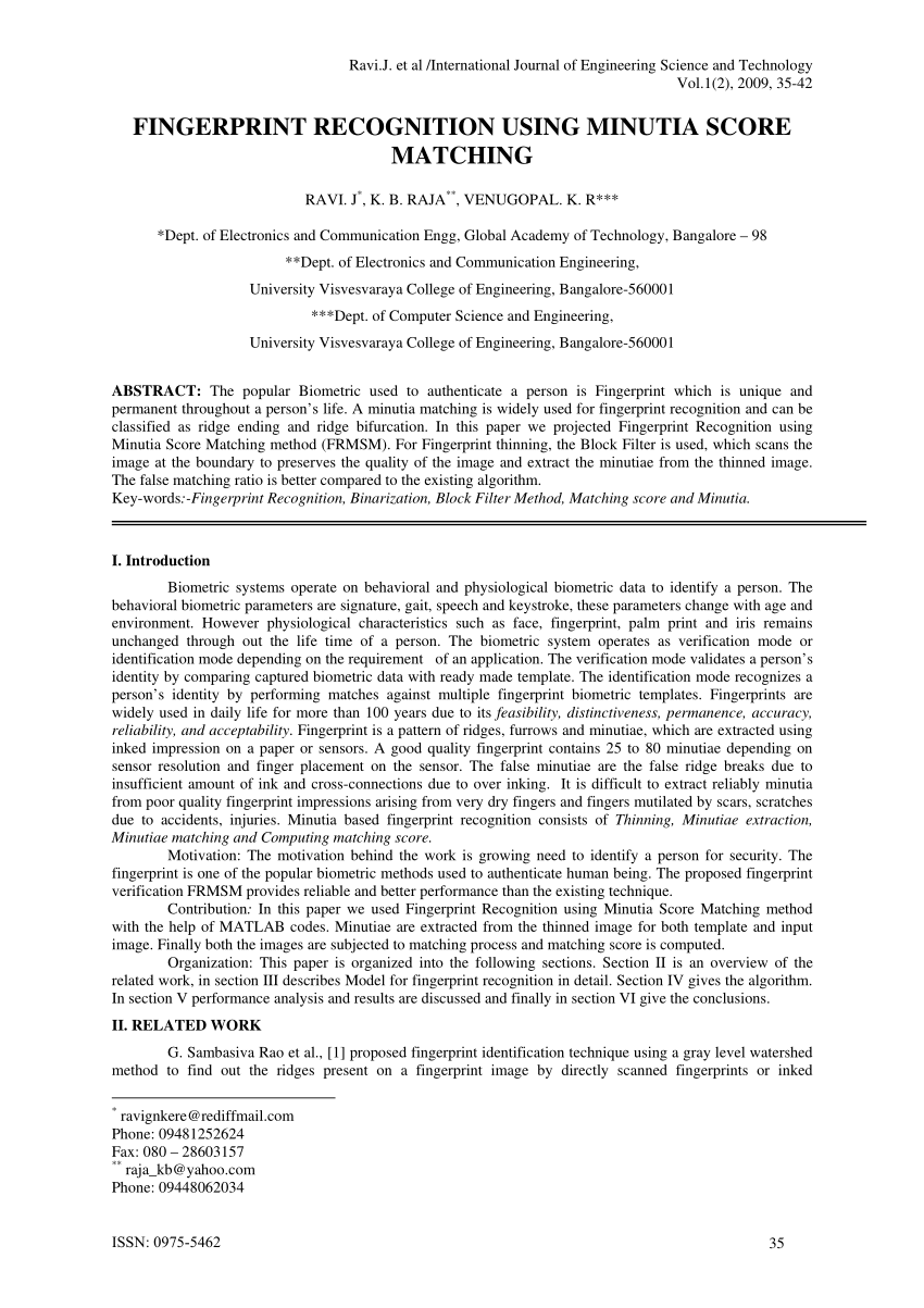 Pdf Fingerprint Recognition Using Minutia Score Matching