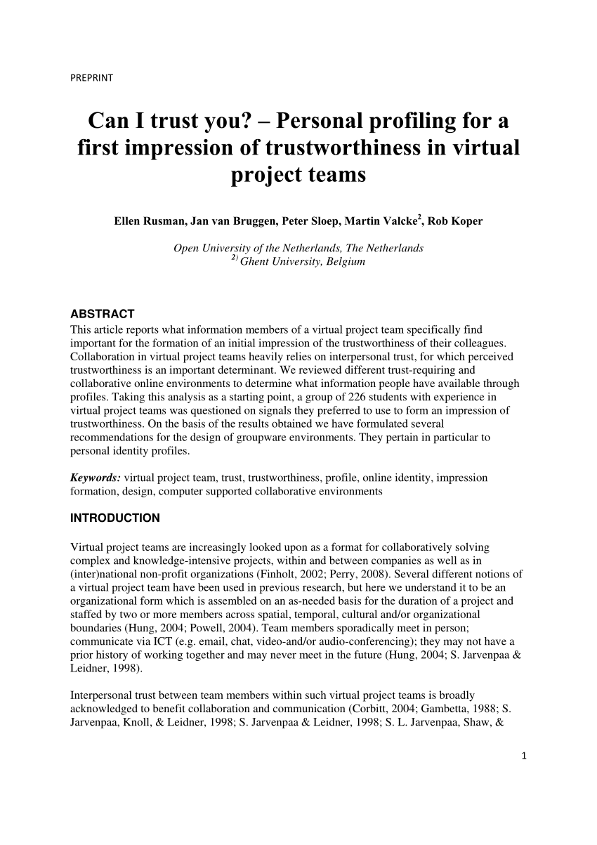 Pdf Can I Trust You Profile Elements That Inform First Impressions Of Trustworthiness In Virtual Project Teams