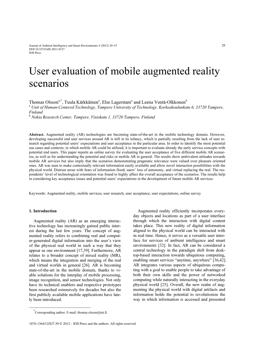 Pdf User Evaluation Of Mobile Augmented Reality Scenarios - 