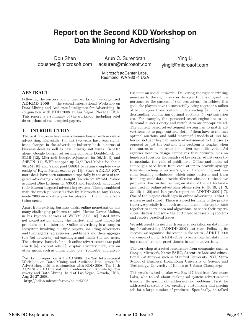 (PDF) Report on the Second KDD on Data Mining for Advertising