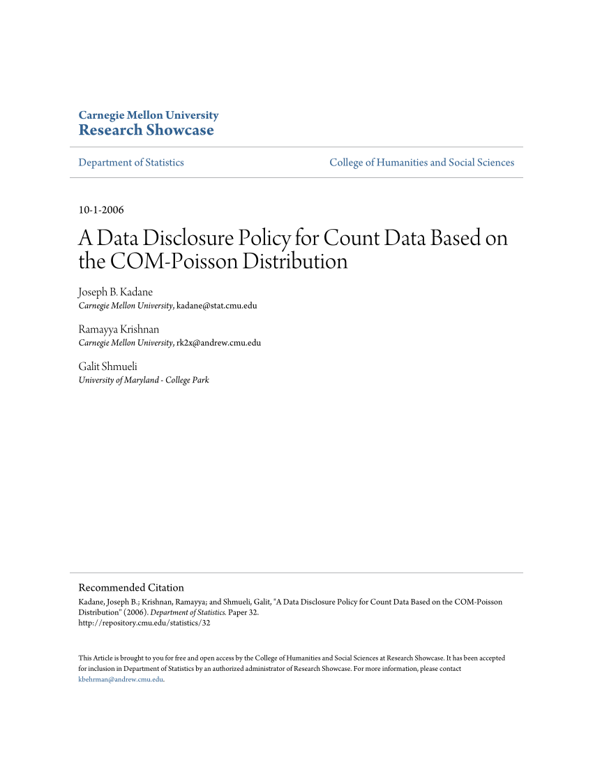 Pdf A Data Disclosure Policy For Count Data Based On The Com Poisson Distribution