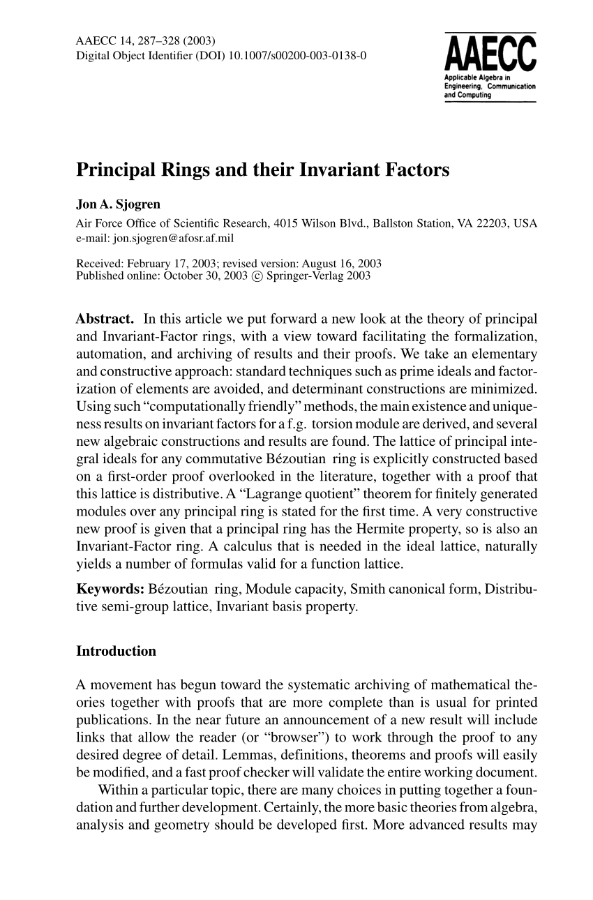 PDF) Principal Rings and their Invariant Factors