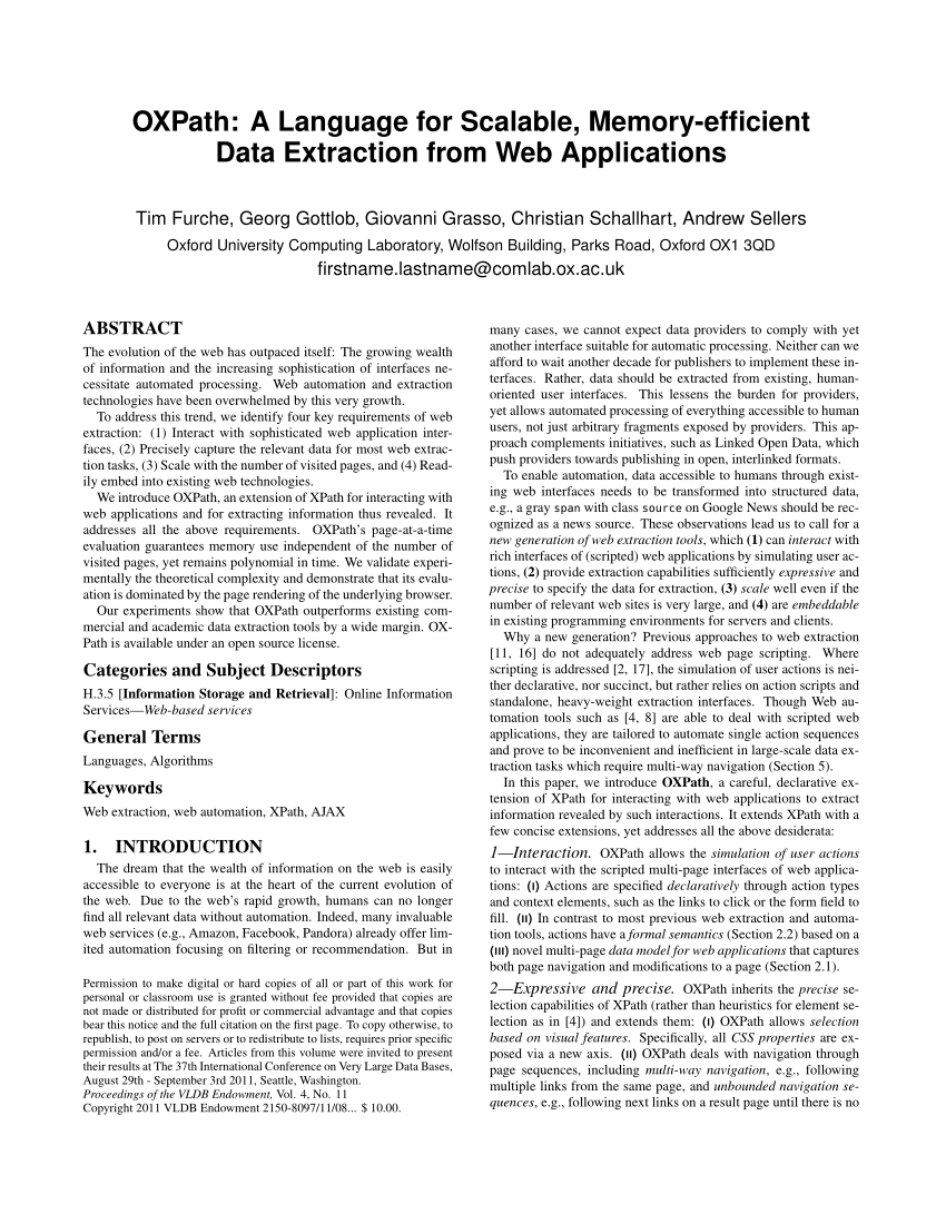 Pdf Oxpath A Language For Scalable Memory Efficient Data Extraction From Web Applications