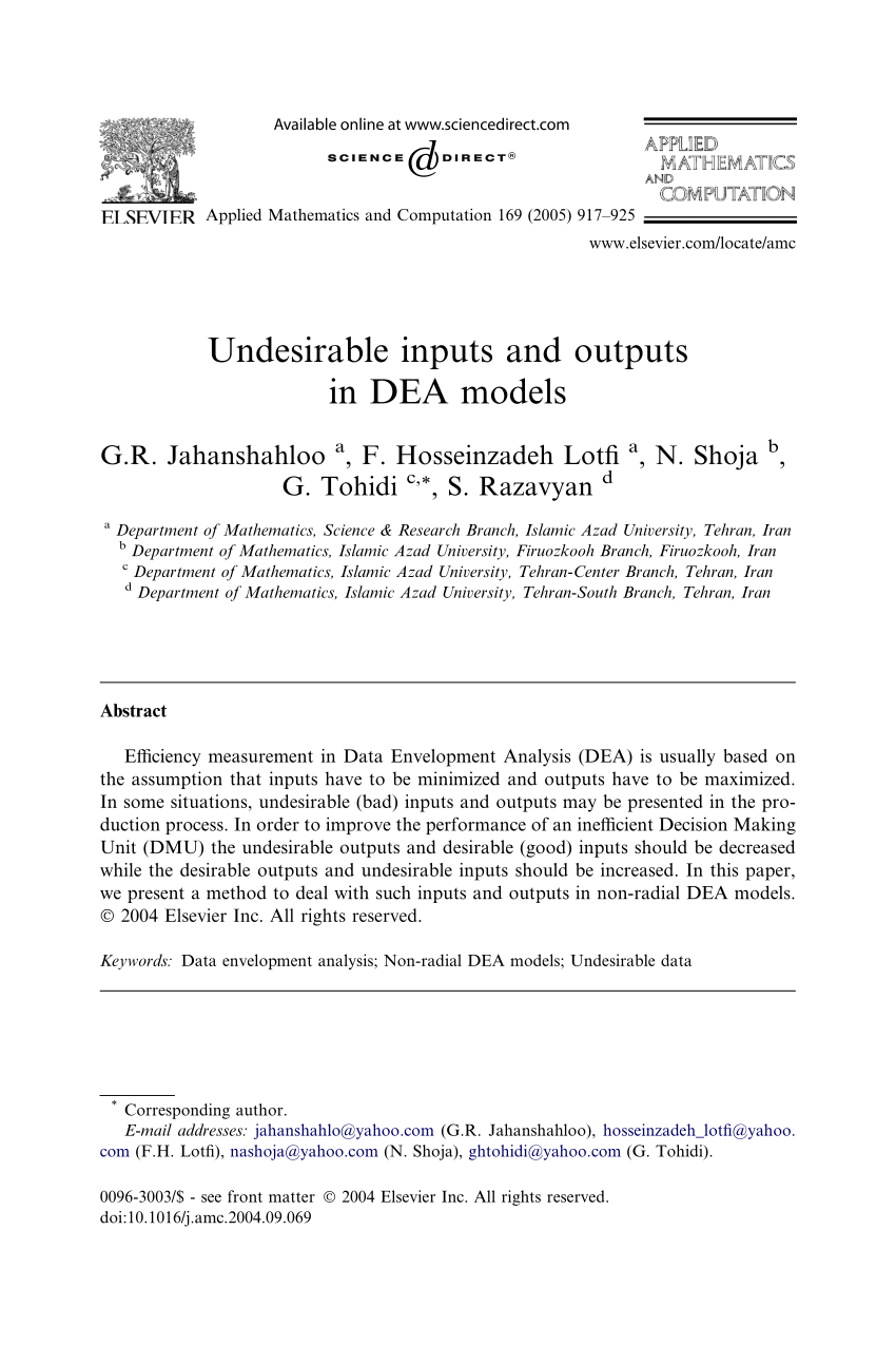 Pdf Undesirable Inputs And Outputs In Dea Models