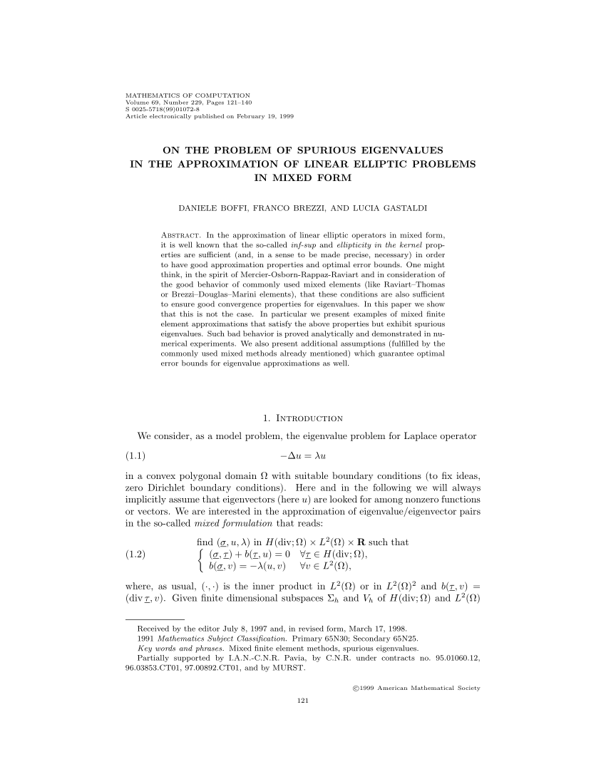 Pdf On The Problem Of Spurious Eigenvalues In The Approximation Of Linear Elliptic Problems In Mixed Form