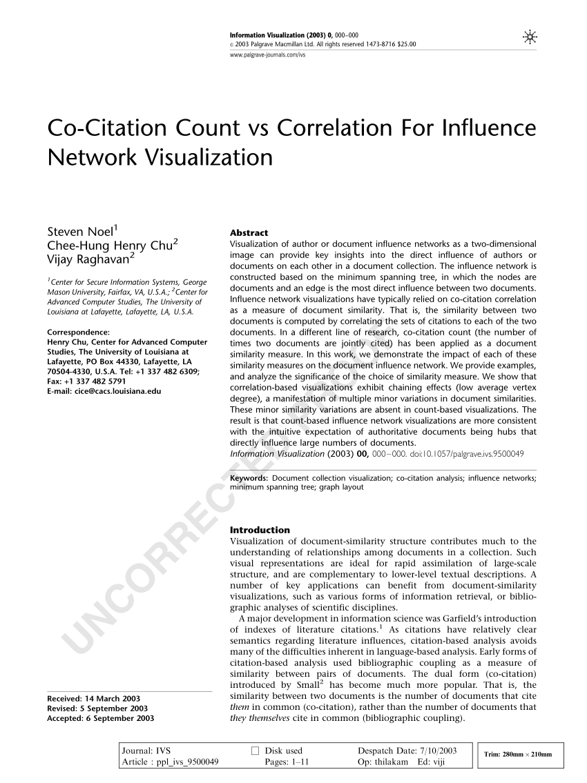 Pdf Co Citation Count Vs Correlation For Influence Network Visualization