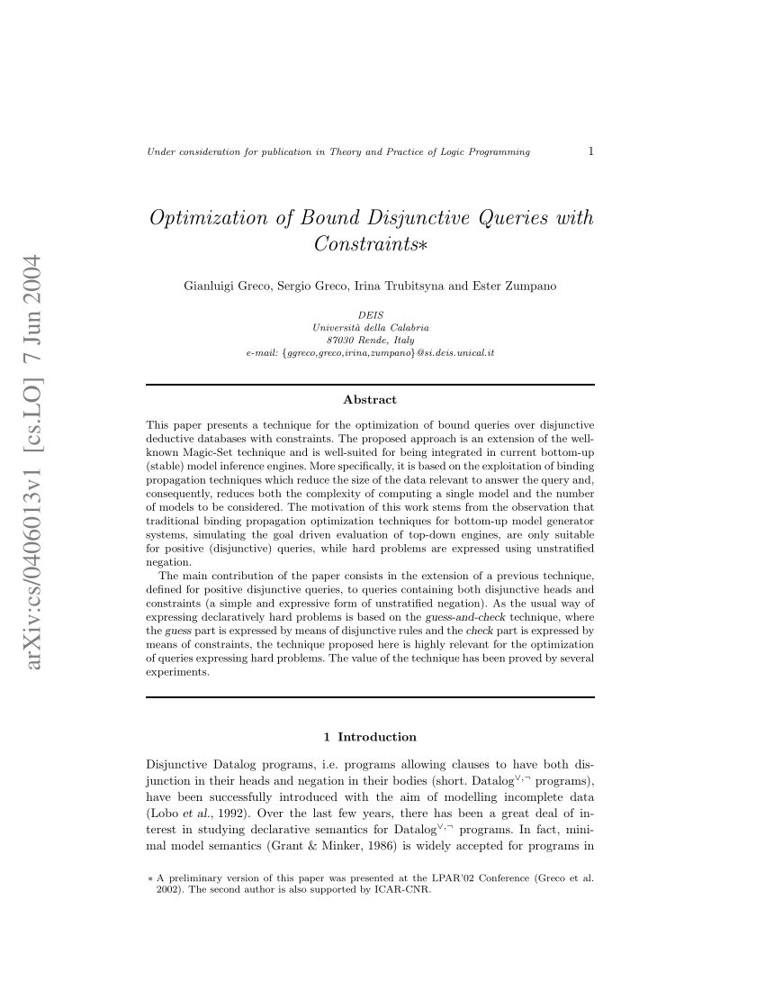 Pdf Optimization Of Bound Disjunctive Queries With Constraints