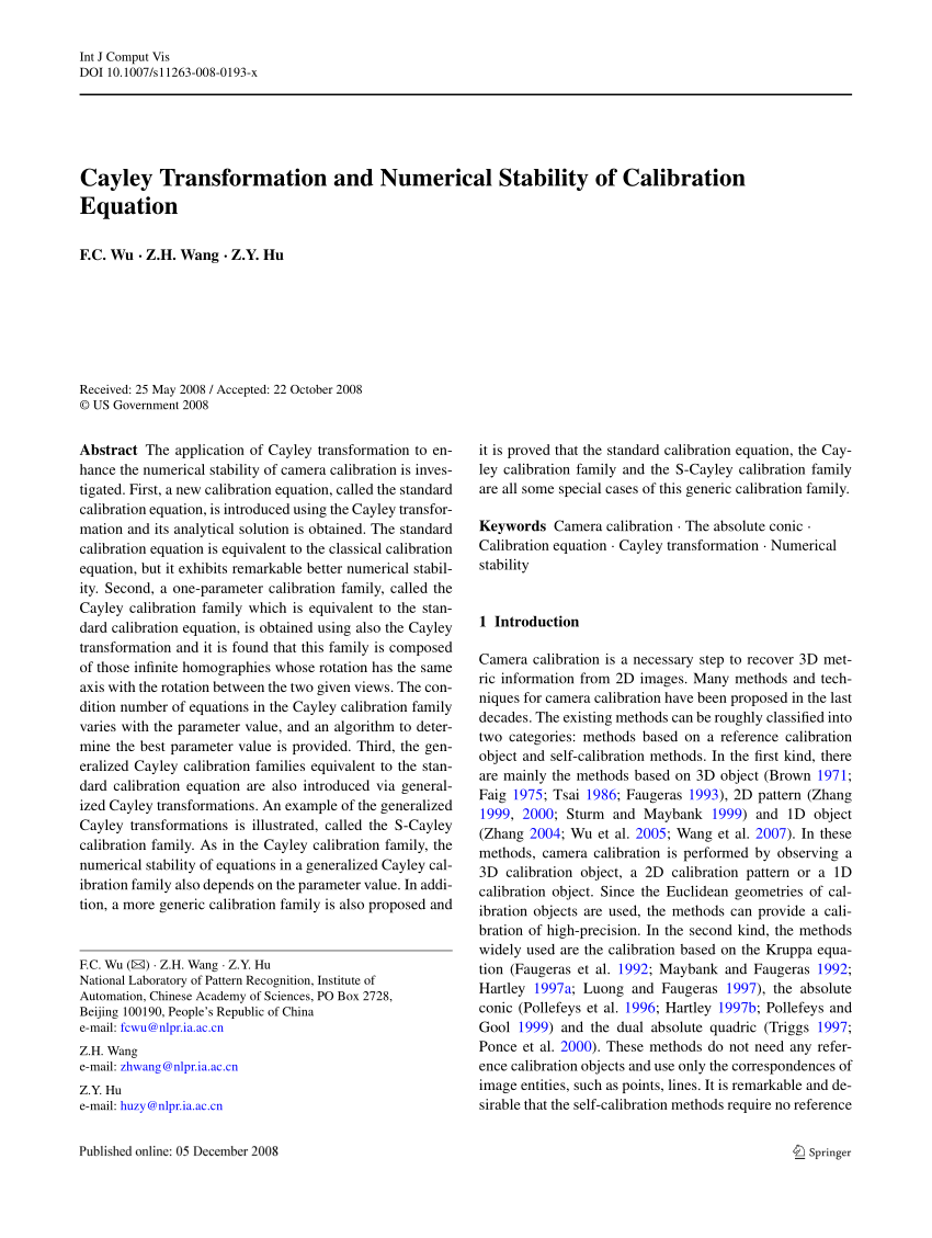 Pdf Cayley Transformation And Numerical Stability Of Calibration Equation