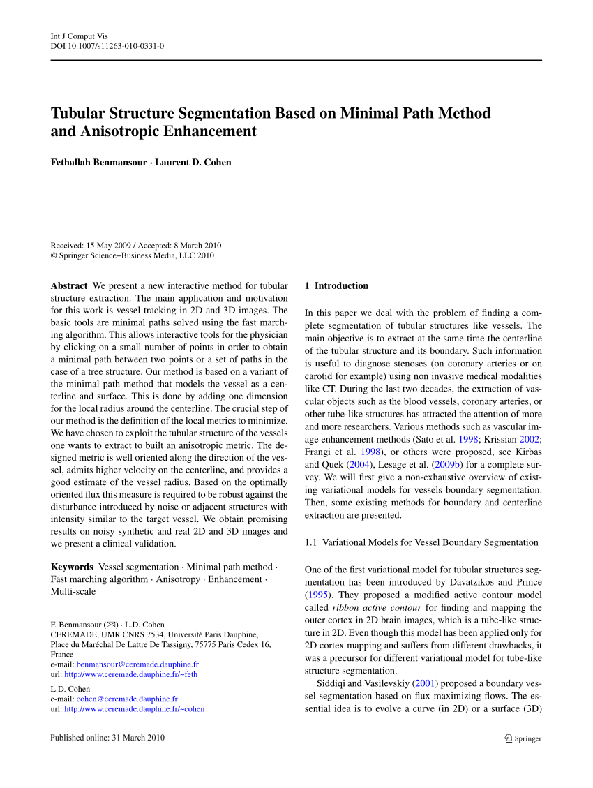 Pdf Tubular Structure Segmentation Based On Minimal Path Method And Anisotropic Enhancement