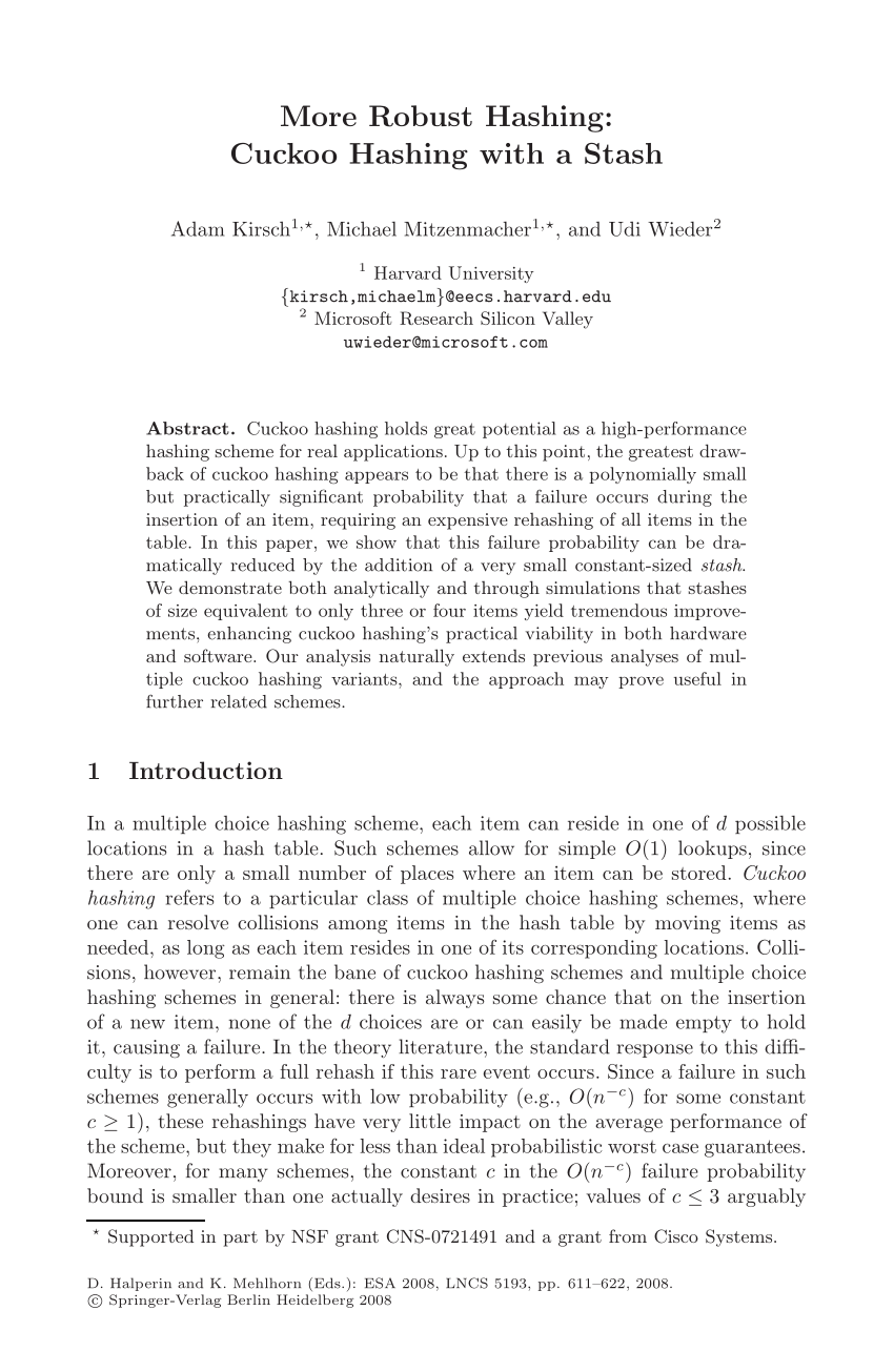 (PDF) More Robust Hashing Cuckoo Hashing with a Stash.