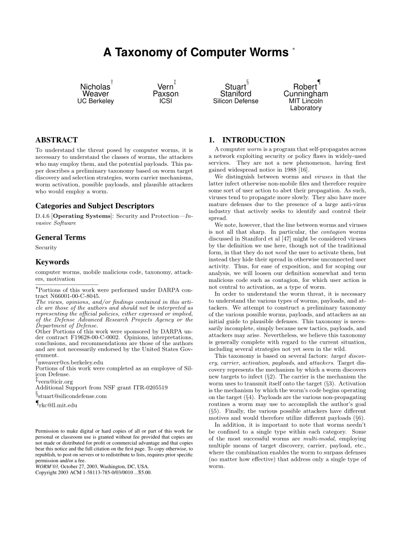Pdf A Taxonomy Of Computer Worms