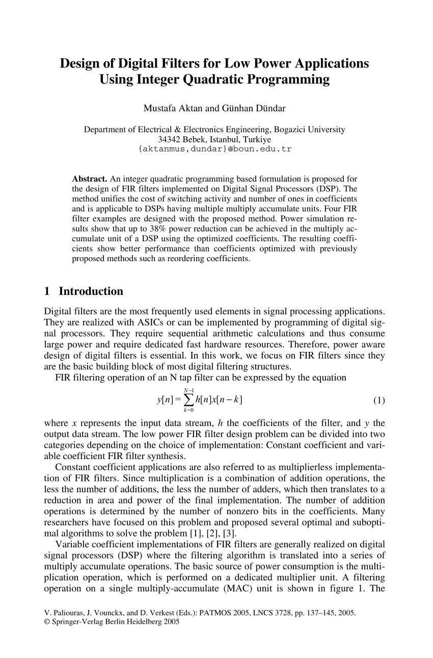 Pdf Design Of Digital Filters For Low Power Applications Using Integer Quadratic Programming