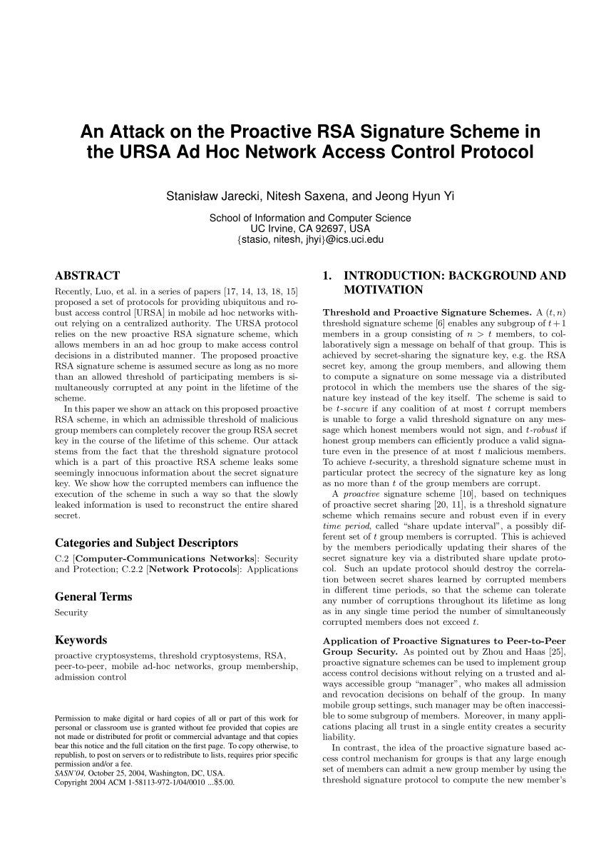 Pdf An Attack On The Proactive Rsa Signature Scheme In The Ursa