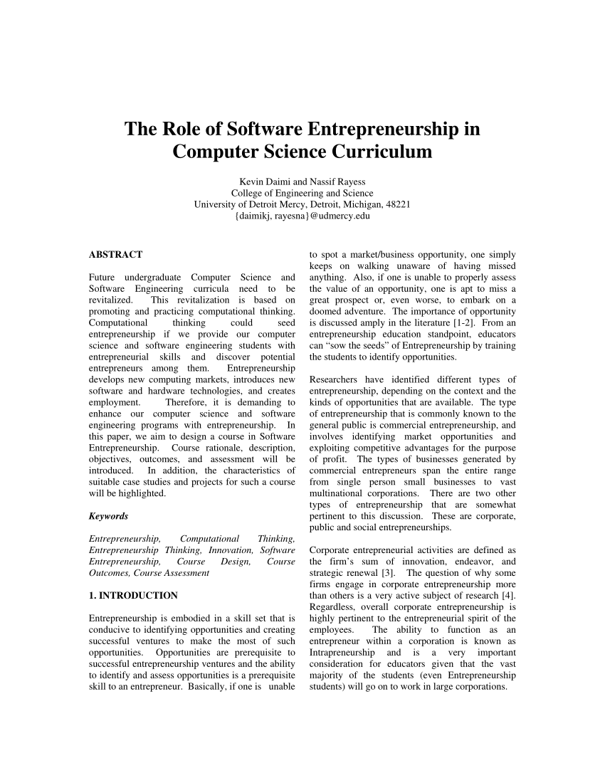 pdf  the role of software entrepreneurship in computer science curriculum