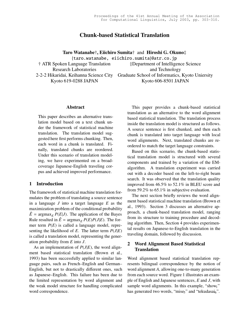 Pdf Chunk Based Statistical Translation