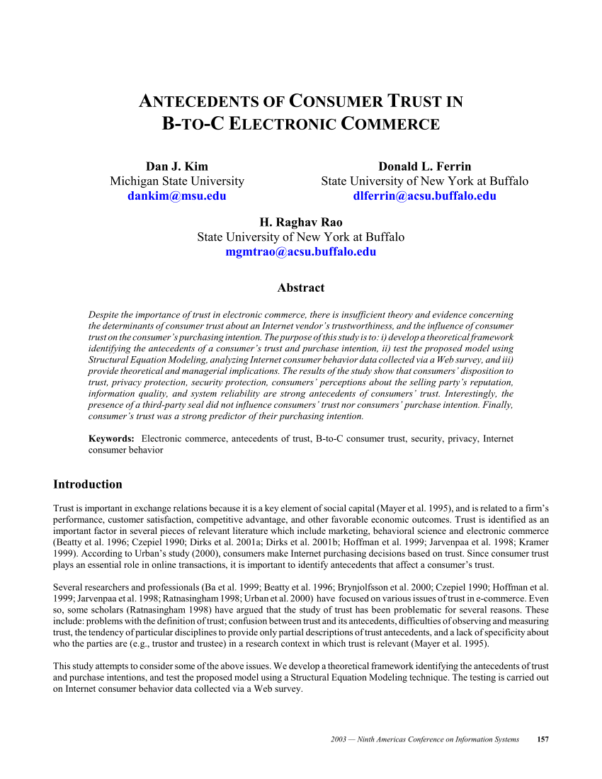 Pdf Antecedents Of Consumer Trust In B To C Electronic Commerce